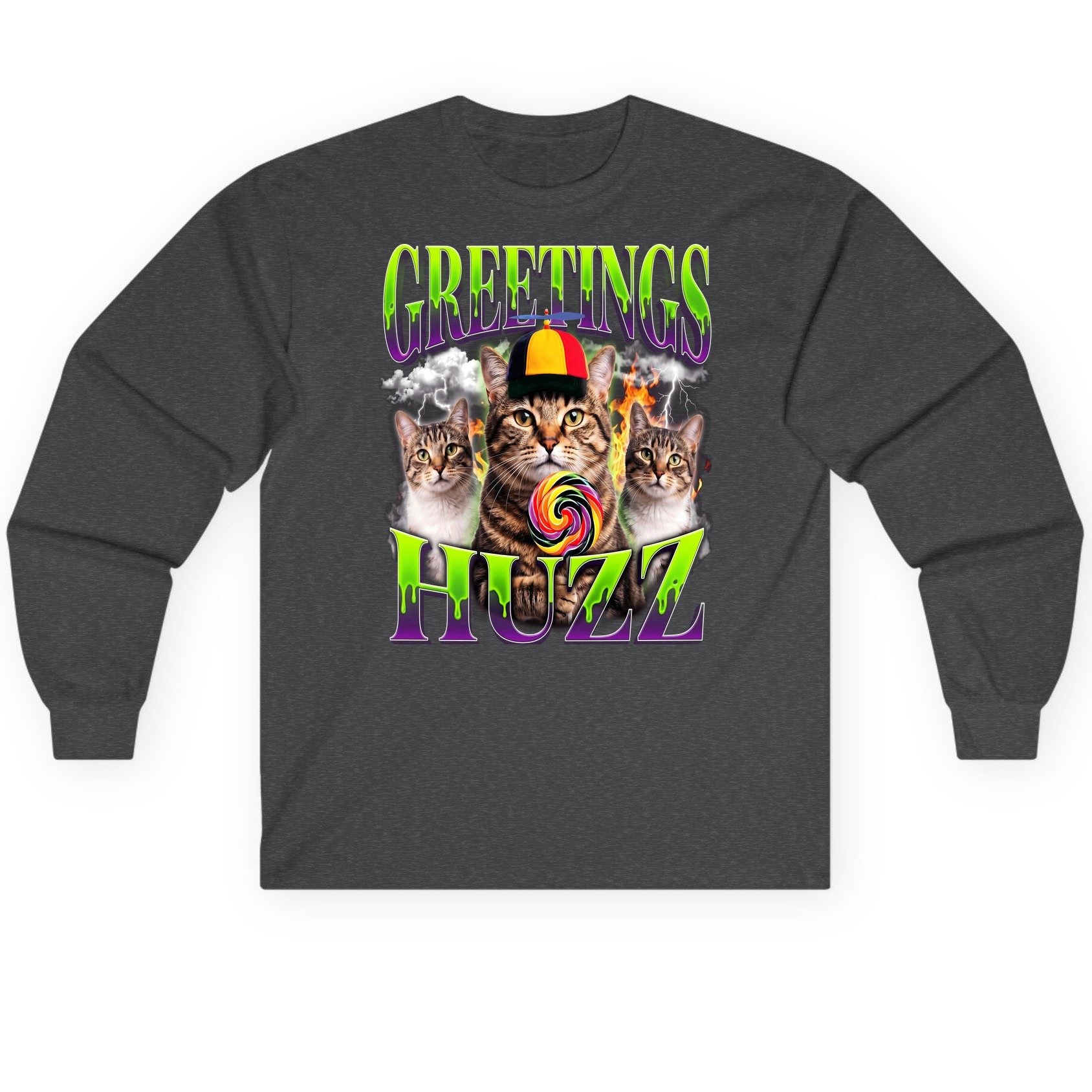 Greetings HUZZ Funny Cat Long Sleeve Tee - product mockup - Dark Heather