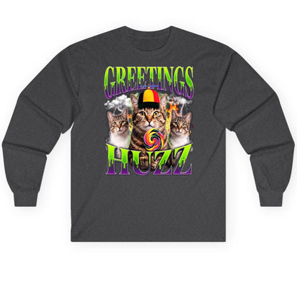 Greetings HUZZ Funny Cat Long Sleeve Tee - product mockup - Dark Heather