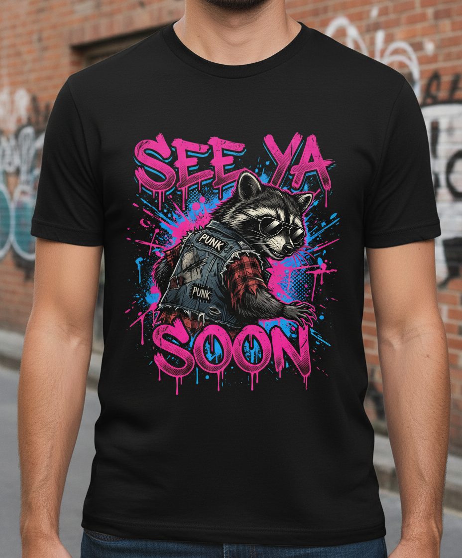See Ya Soon Raccoon T-Shirt - product mockup - Black