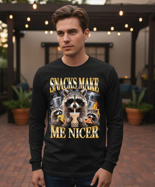 SNACKS MAKE ME NICER Funny Raccoon Long Sleeve Tee - lifestyle model mockup - Black