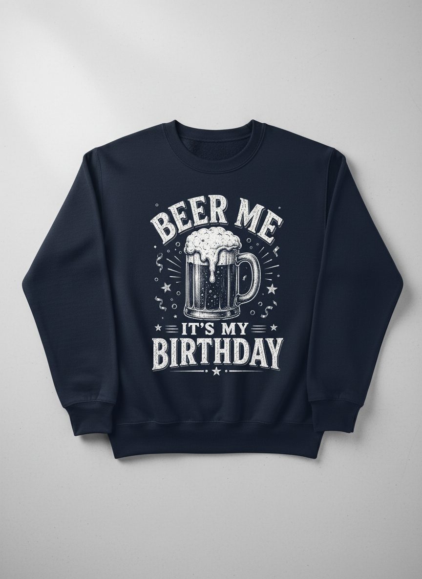 Beer Me It's My Birthday Funny Person Sweatshirt - product mockup - Navy