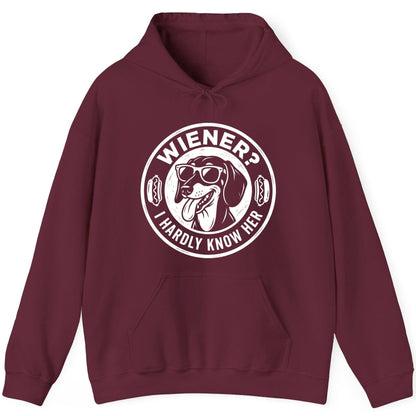 Wiener I Hardly Know Her dachshund Hoodie Maroon product mockup