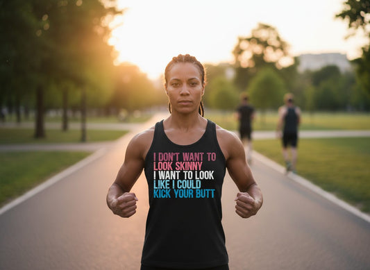 I Don't Want to Look Skinny I Want to Look Like I Could Kick Your Butt fitness and empowerment Tank Top Black lifestyle