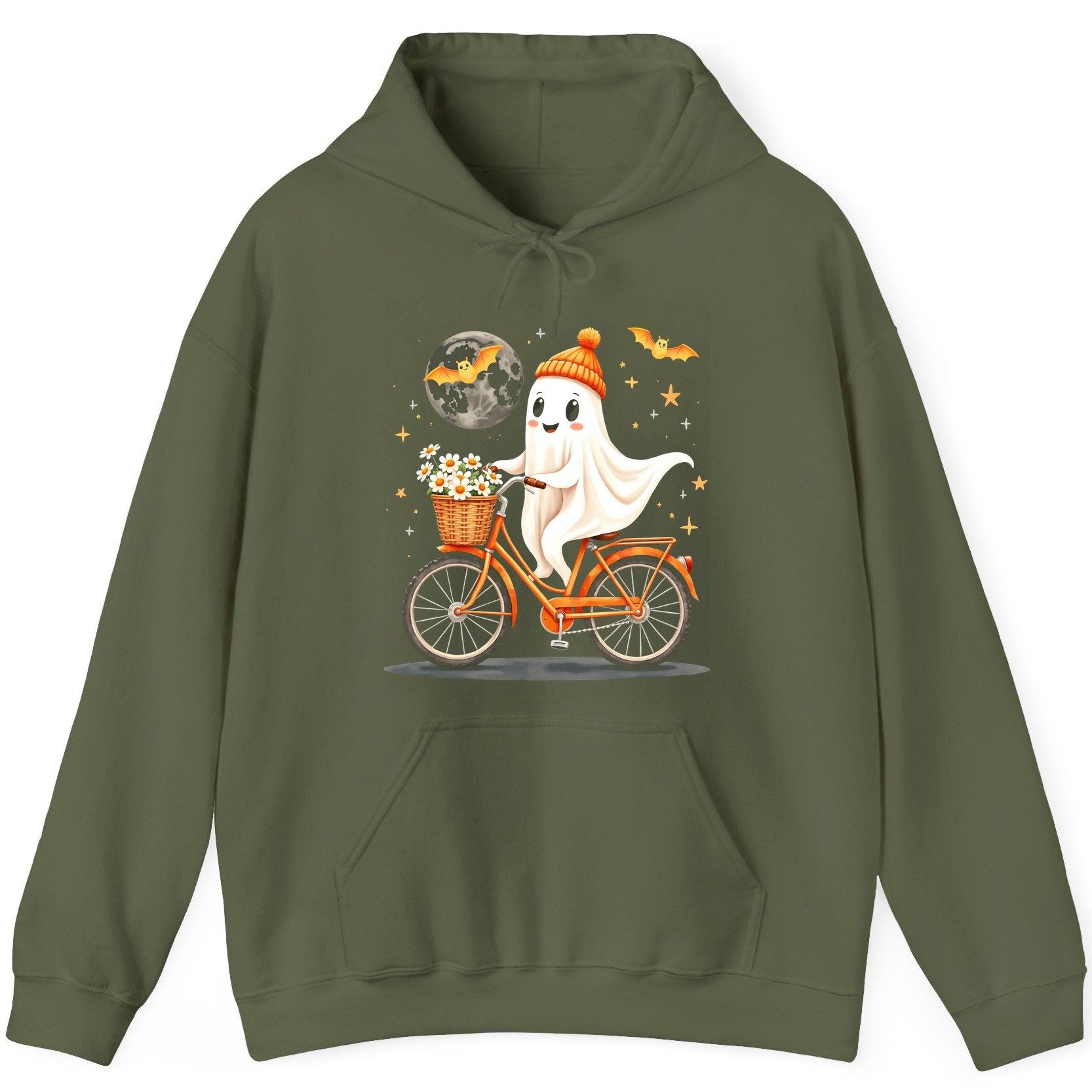 Cute Ghost on Bicycle cute ghost Hoodie Military Green product mockup