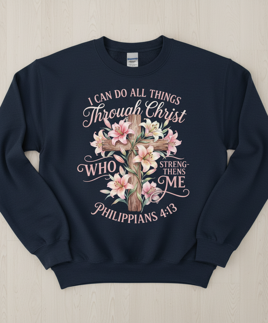 Philippians 4:13 I Can Do All Things Through Christ Cross and Lilies Sweatshirt - Navy