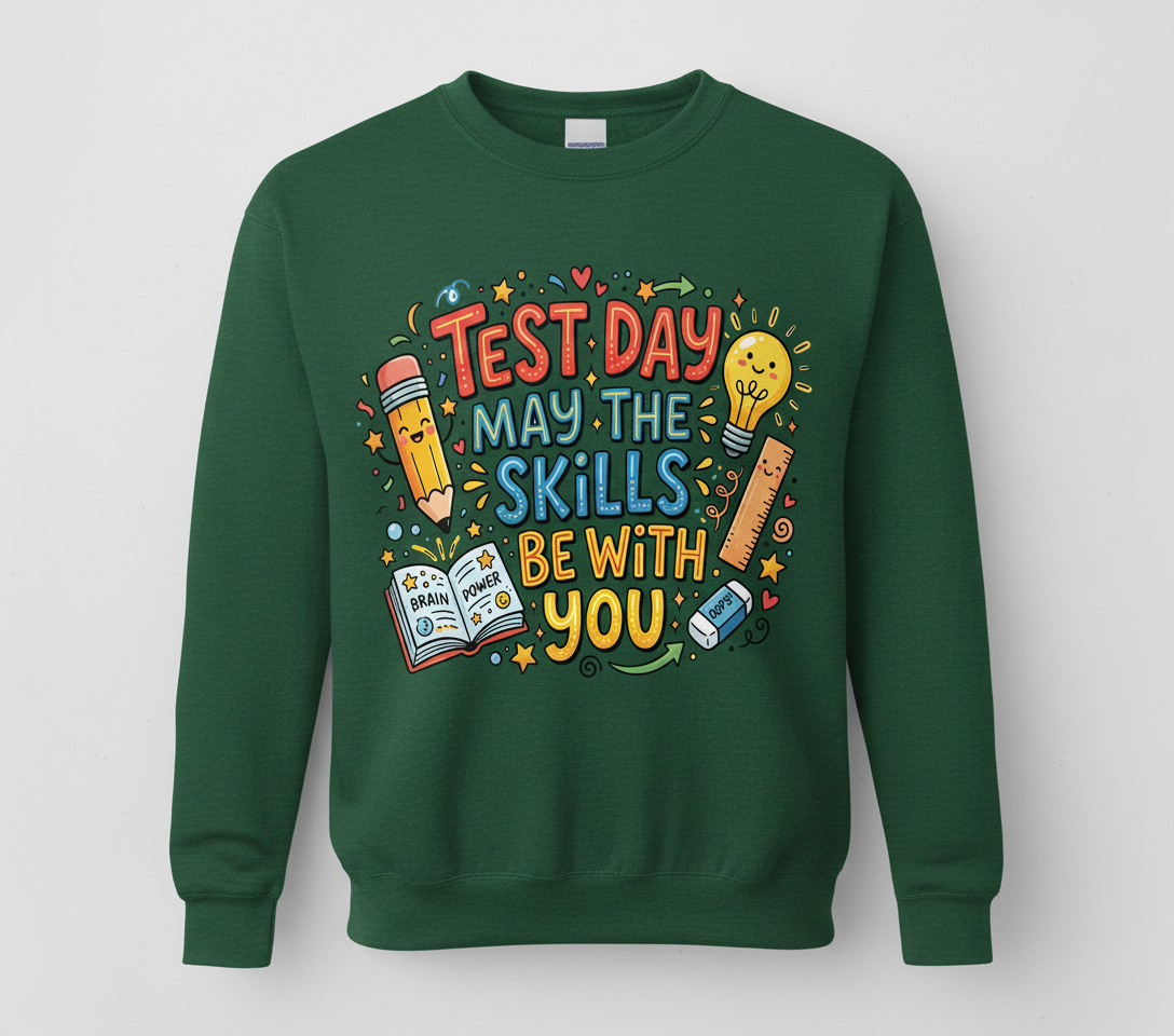Test Day May The Skills Be With You Funny Teacher Student Gift Sweatshirt - Forest Green