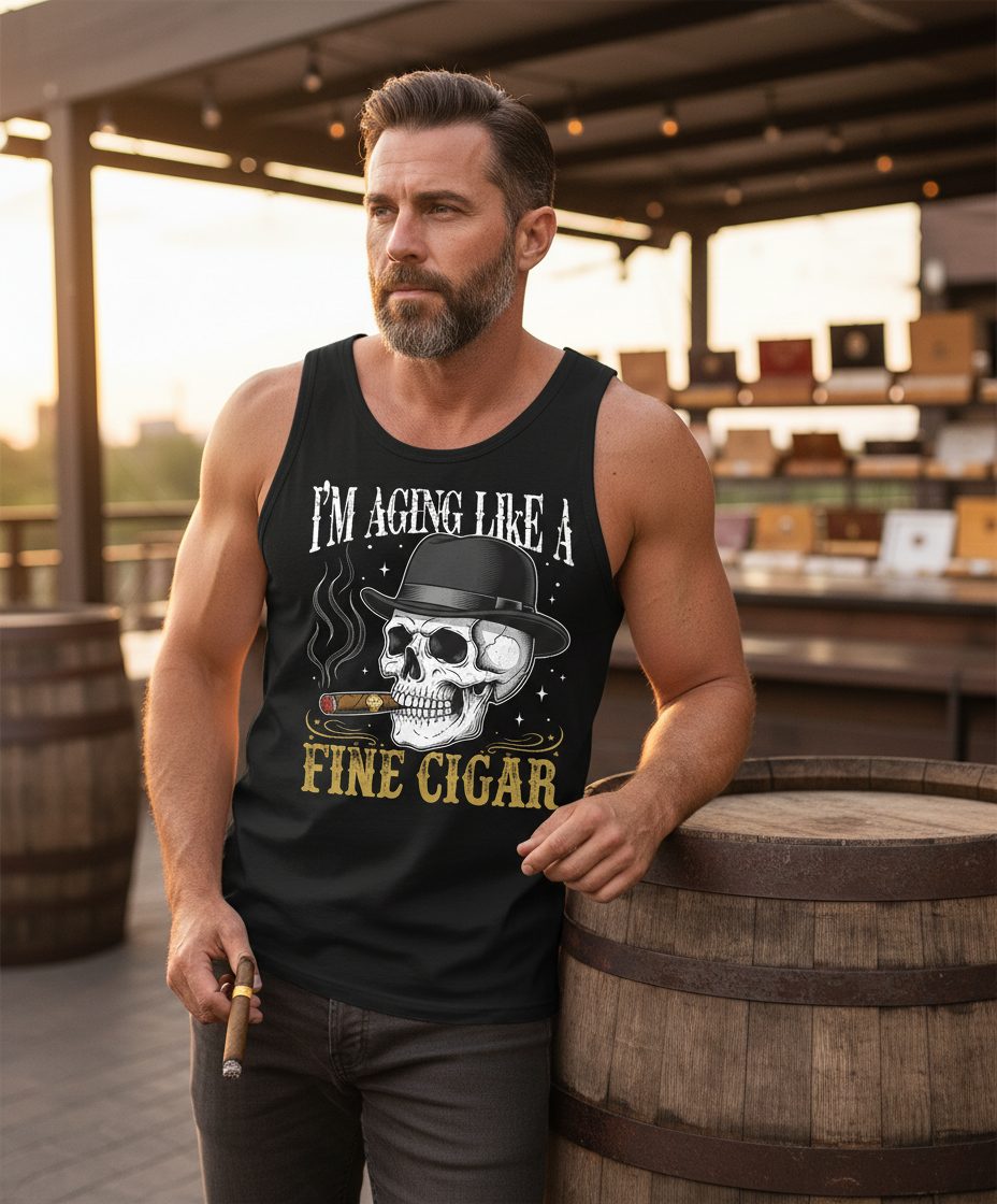 I'm Aging Like a Fine Cigar smoking skull Tank Top Black lifestyle mockup