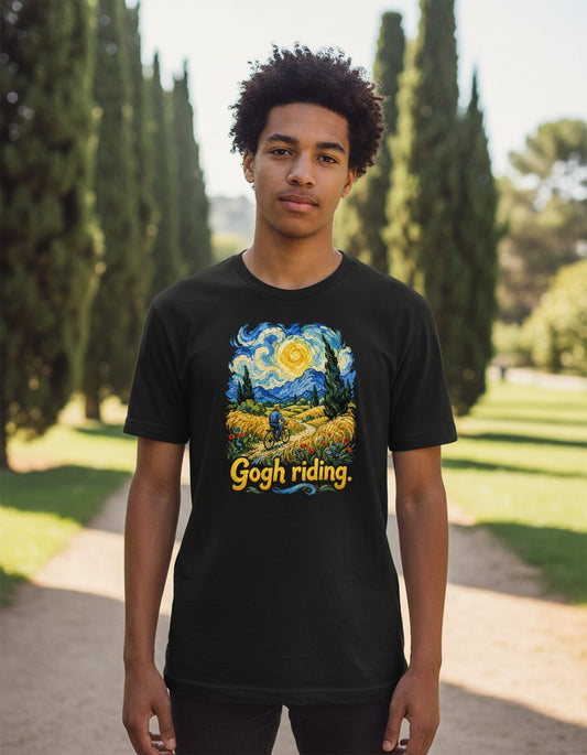 Gogh Riding van gogh art parody Youth T-Shirt Black lifestyle mockup