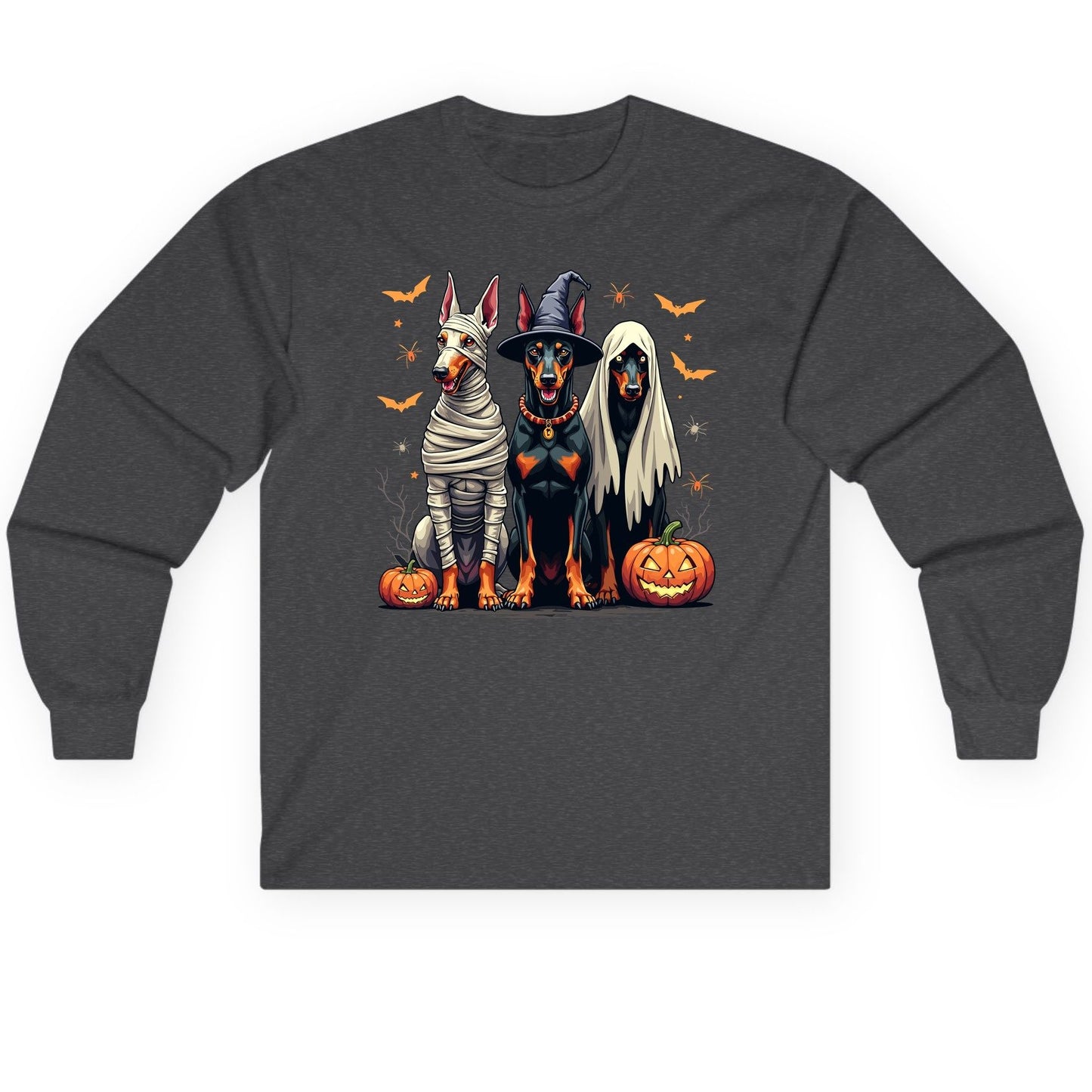 Halloween Doberman Trio doberman pinscher Long Sleeve Tee Dark Heather product mockup