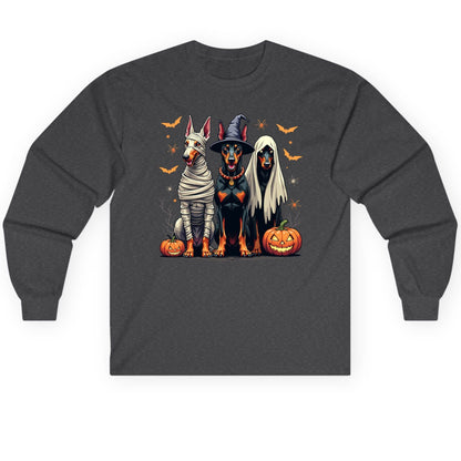 Halloween Doberman Trio doberman pinscher Long Sleeve Tee Dark Heather product mockup