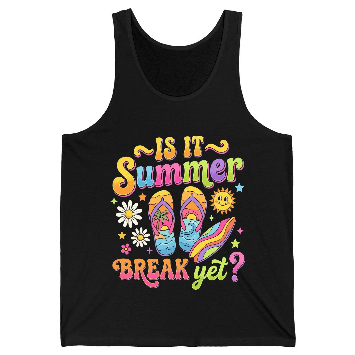 Is It Summer Break Yet Retro Vacation Tank Top - product mockup - Black