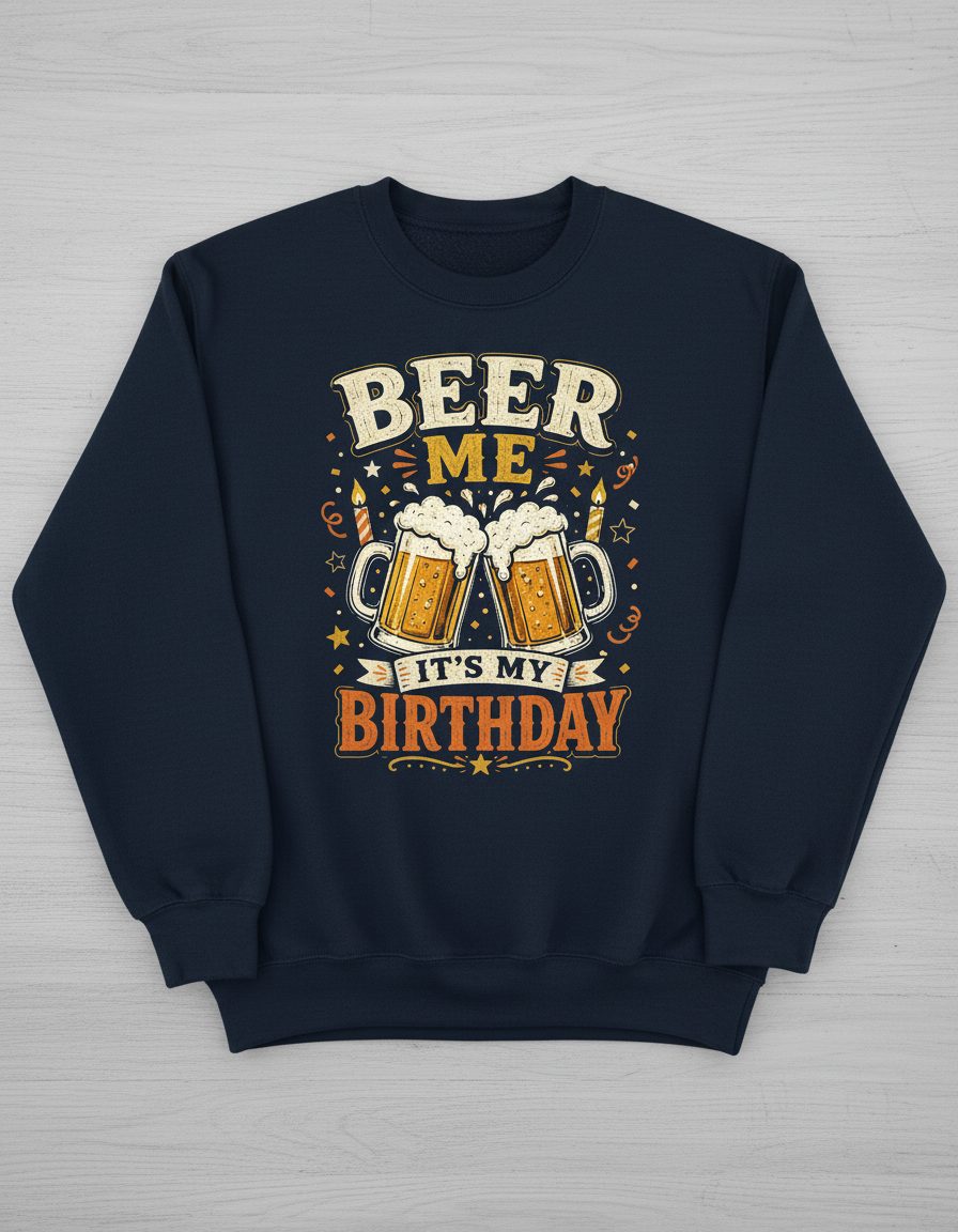 Beer Me It's My Birthday Funny Sweatshirt - product mockup - Navy