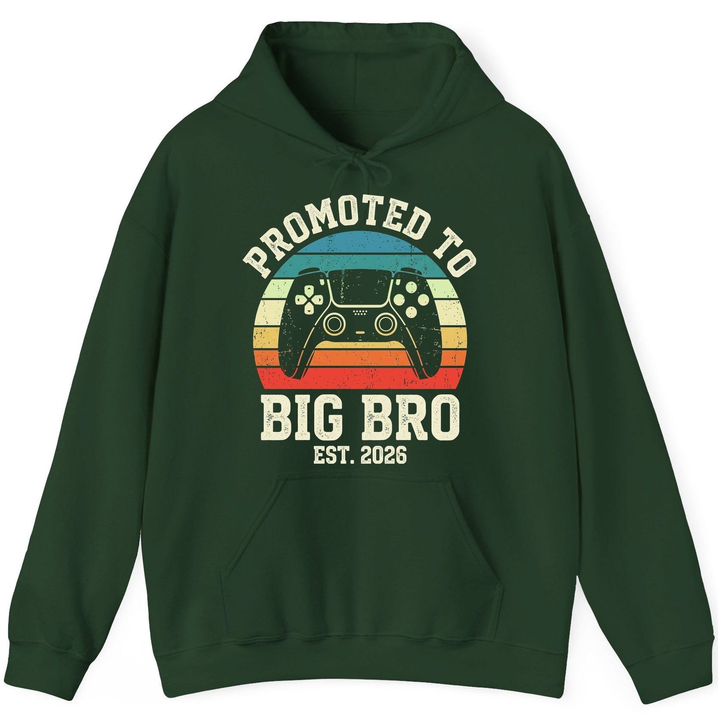 Promoted TO BIG BRO EST 2026 Retro Gaming Hoodie - product mockup - Forest Green