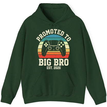 Promoted TO BIG BRO EST 2026 Retro Gaming Hoodie - product mockup - Forest Green