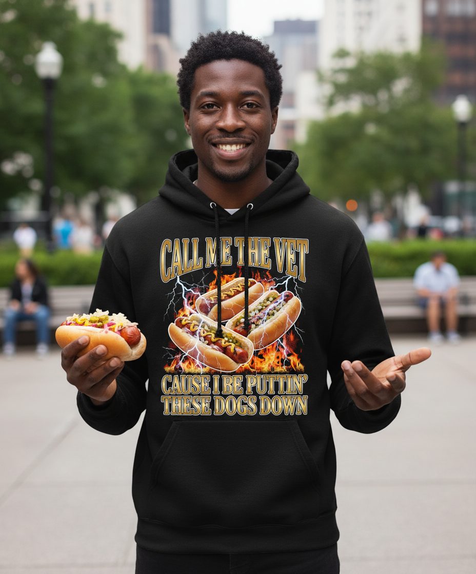 Call Me the Vet Cause I Be Puttin' These Dogs Down hot dogs Hoodie Black lifestyle mockup