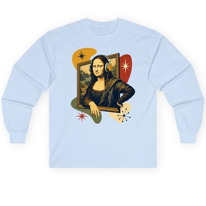Retro Mona Lisa with Headphones Funny Art Lovers Long Sleeve Tee - product mockup - Light Blue