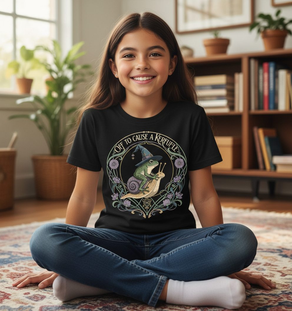 Off to Cause a Kerfuffle frog riding a snail Youth T-Shirt Black lifestyle mockup