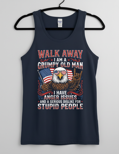 WALK AWAY I AM A GRUMPY OLD MAN I HAVE ANGER ISSUES AND A SERIOUS DISLIKE FOR STUPID PEOPLE Funny Grumpy Old Man Patriotic Eagle Tank Top - product mockup - Navy