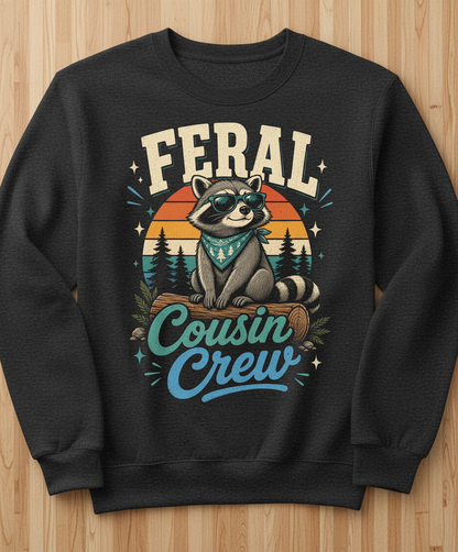 Feral Cousin Crew Raccoon T-Shirt Sweatshirt - Dark Heather