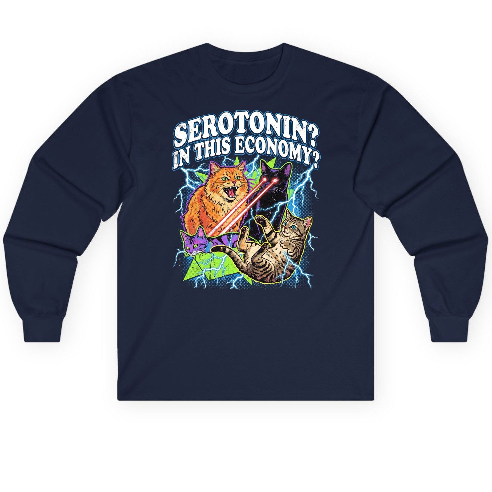 Serotonin in This Economy? cats Long Sleeve Tee Navy product mockup
