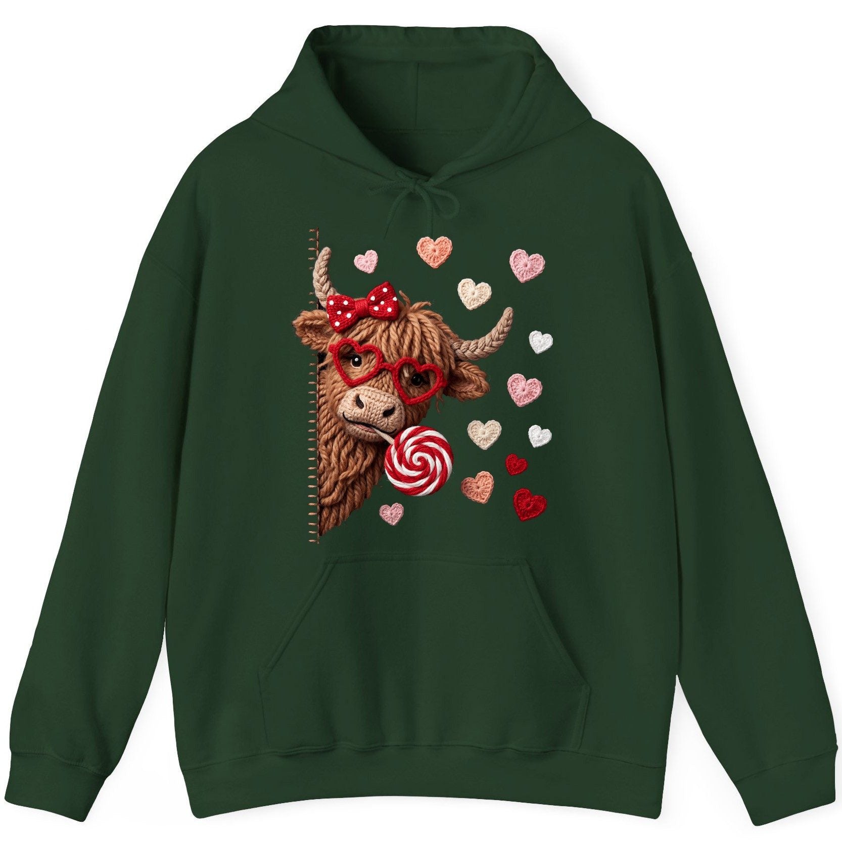 Crochet Valentine's Highland Cow highland cow Hoodie Forest Green product mockup
