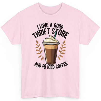 I Love a Good Thrift Store and 8 Iced Coffee coffee and thrifting T-Shirt Light Pink product mockup