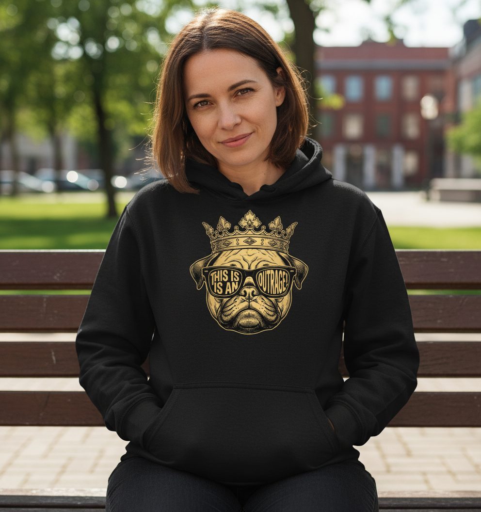 This Is An Outrage! Pug Hoodie Black lifestyle mockup