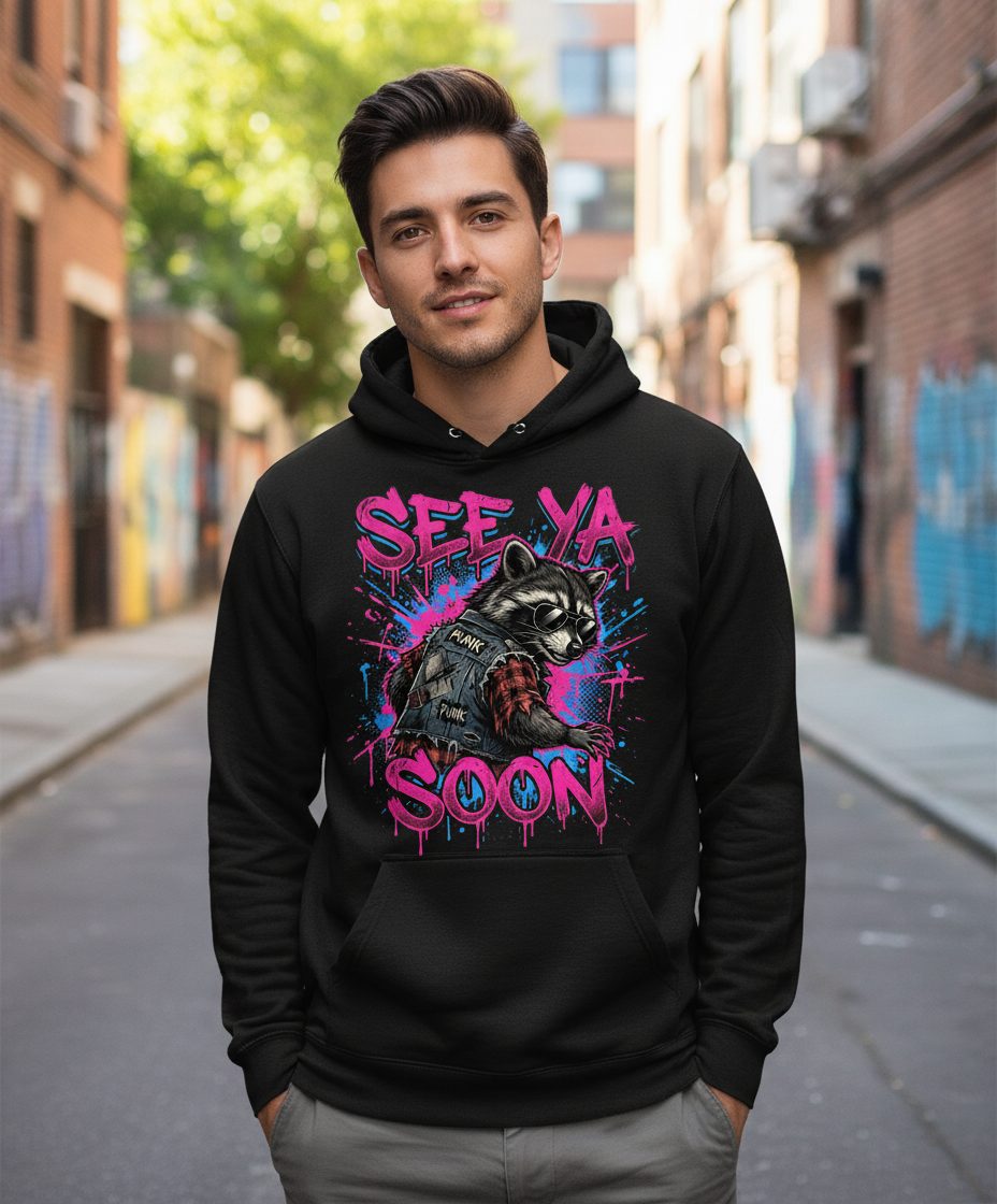 See Ya Soon Raccoon Hoodie - lifestyle model mockup - Black