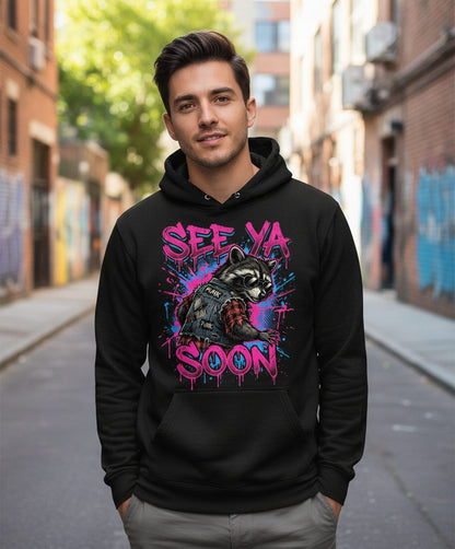 See Ya Soon Raccoon Hoodie - lifestyle model mockup - Black