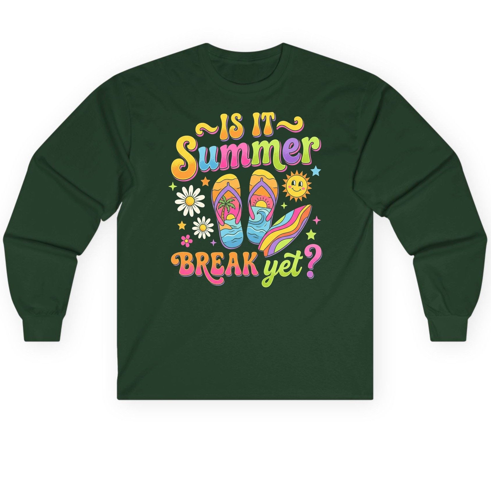 Is It Summer Break Yet Retro Vacation Long Sleeve Tee - product mockup - Forest Green