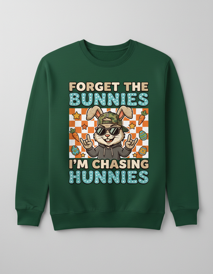 Funny Cool Easter Bunny Chasing Hunnies Design Sweatshirt - Forest Green
