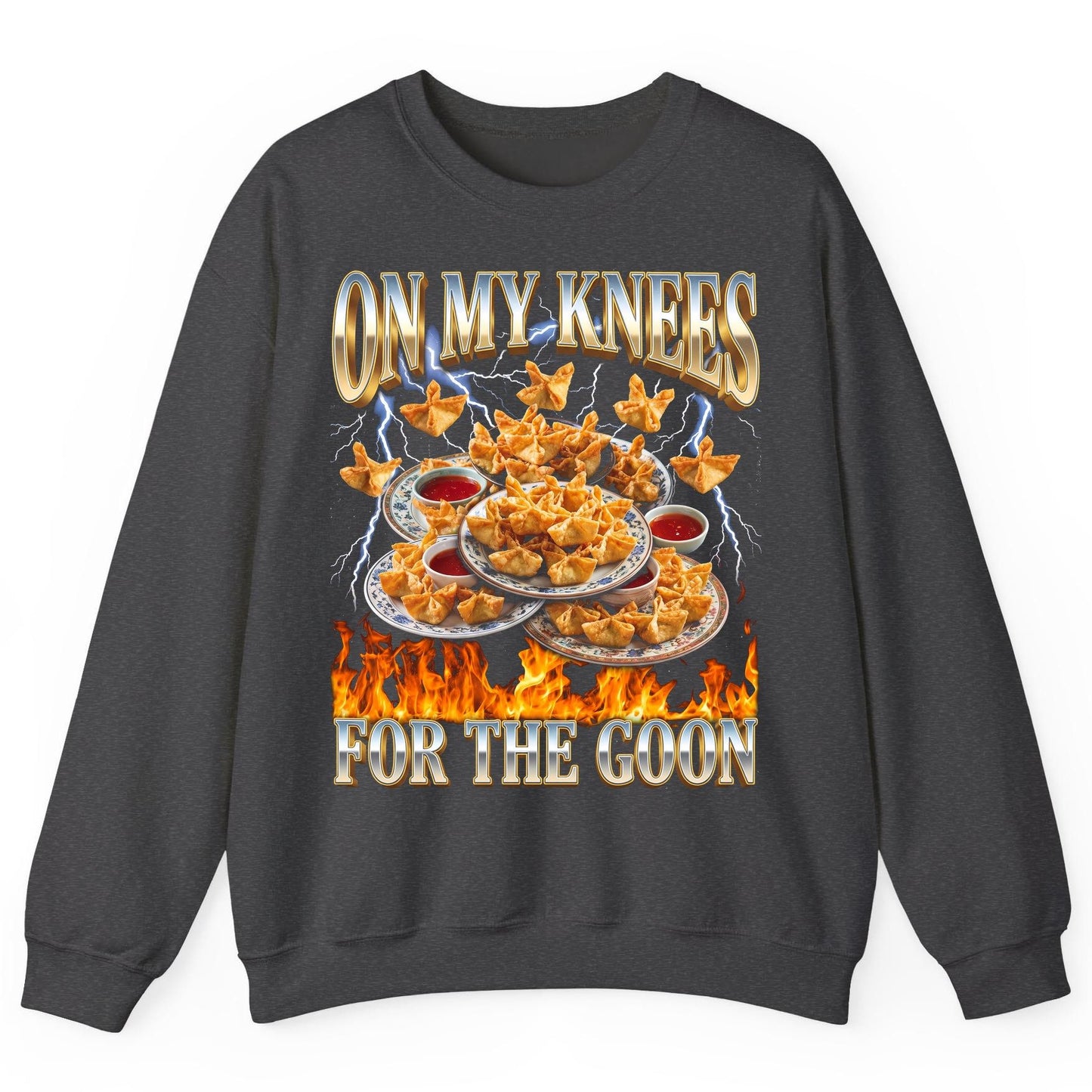 On My Knees for the Goon crab rangoon Sweatshirt Dark Heather product mockup
