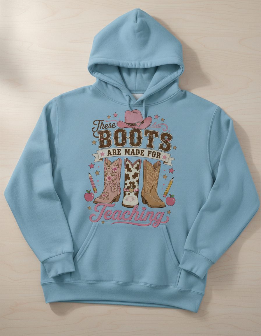 These Boots Are Made for Teaching Teacher Hoodie - product mockup - Light Blue