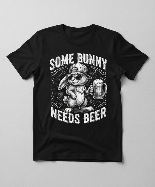 Some Bunny Needs Beer Funny Rabbit Drinking Design T-Shirt - Black