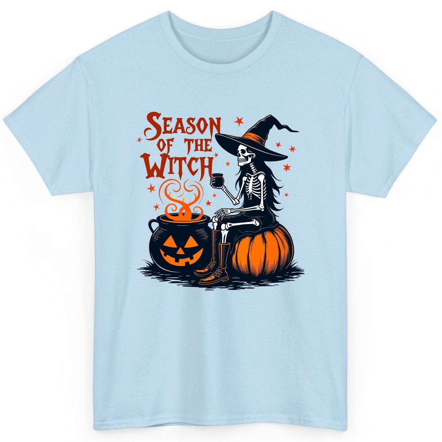Season of the Witch skeleton witch T-Shirt Light Blue product mockup