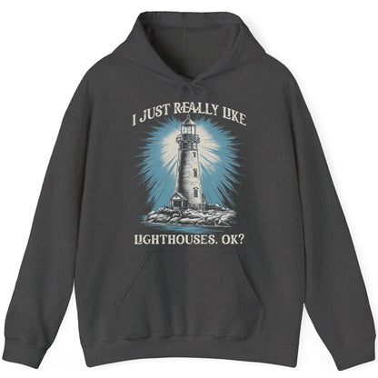 I Just Really Like Lighthouses, Ok? lighthouse Hoodie Dark Heather product mockup