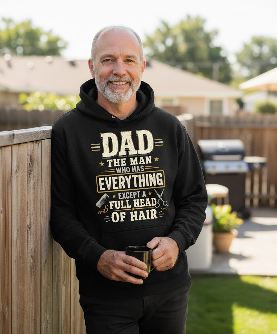 Dad the Man Who Has Everything Except a Full Head of Hair Funny Hoodie - lifestyle model mockup - Black