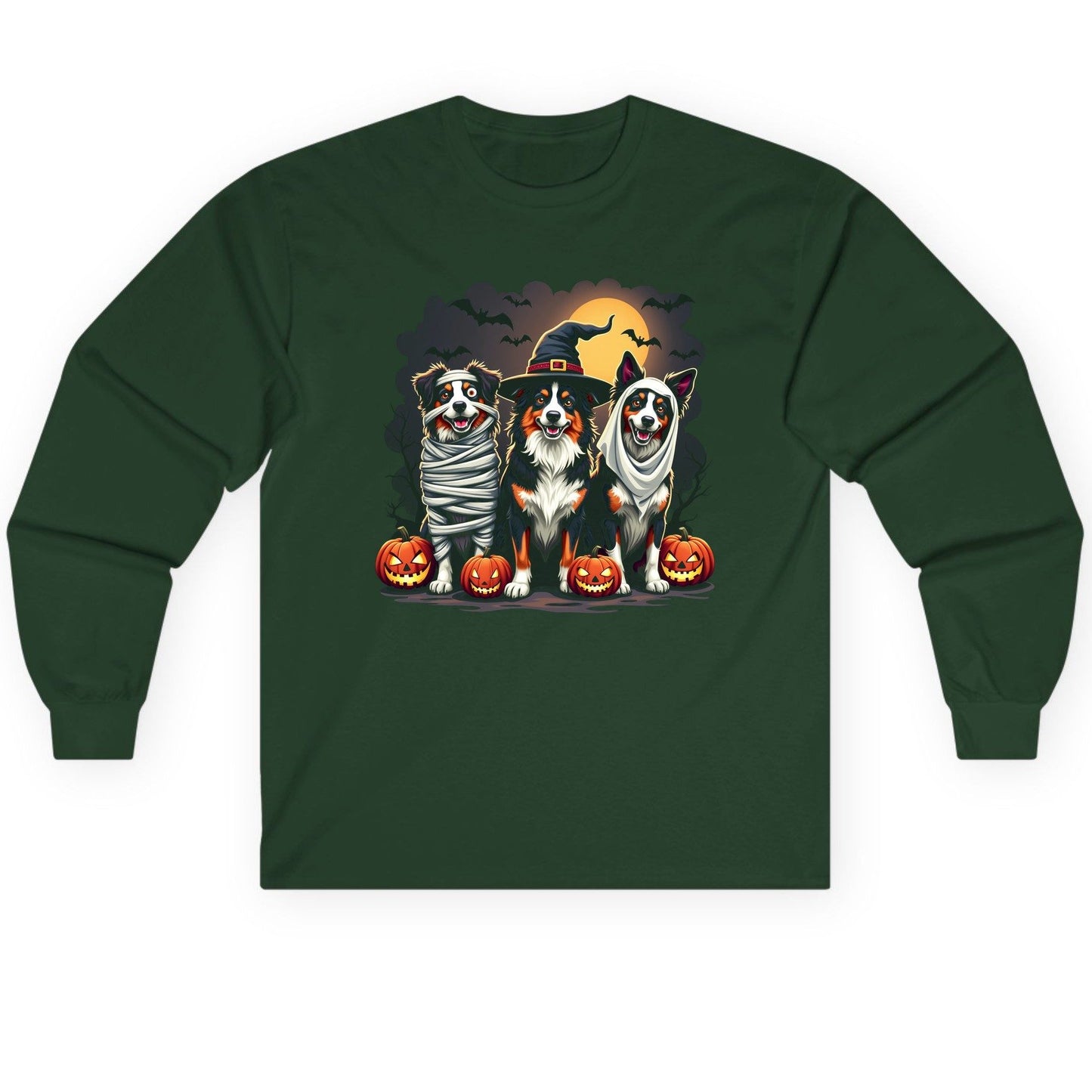Australian Shepherd Halloween Dogs australian shepherd dogs Long Sleeve Tee Forest Green product mockup