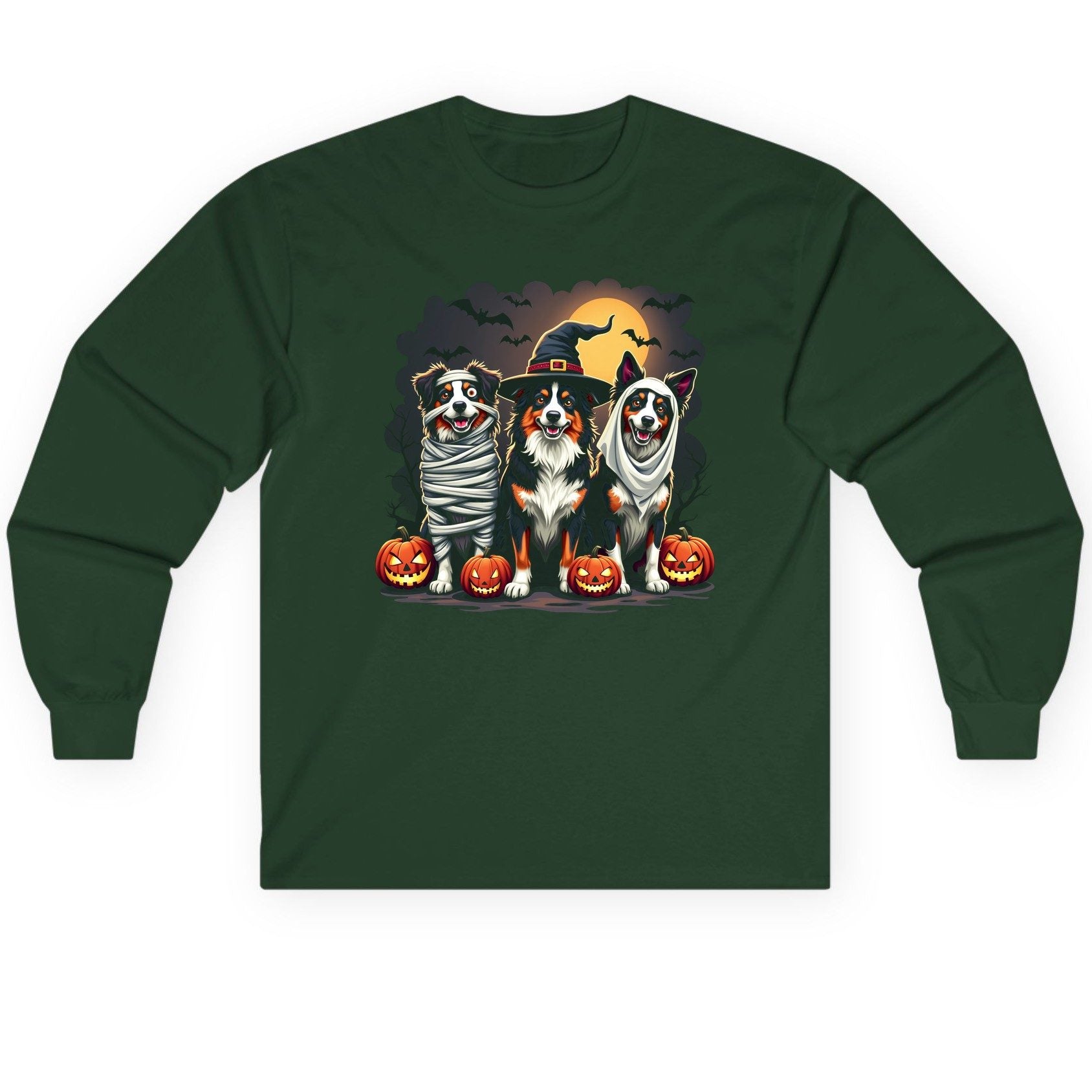 Australian Shepherd Halloween Dogs australian shepherd dogs Long Sleeve Tee Forest Green product mockup