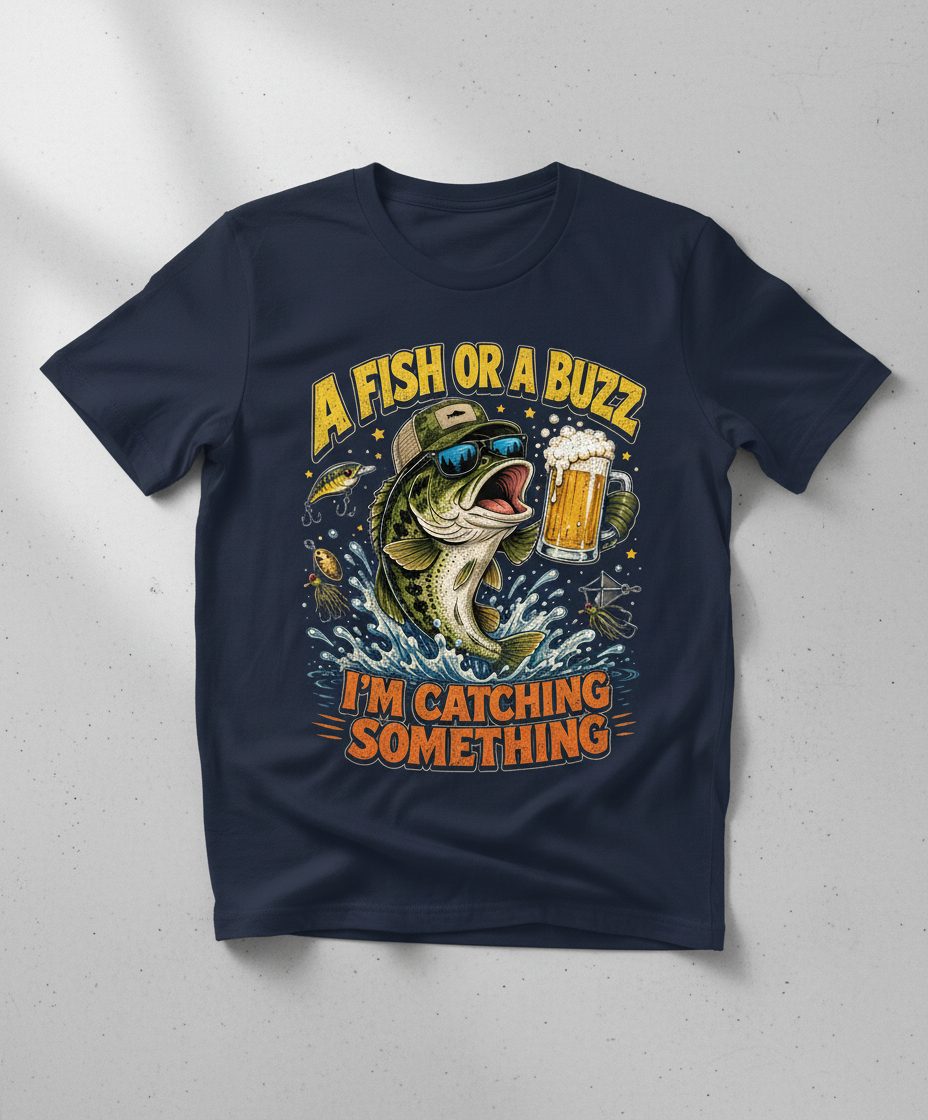 A Fish or a Buzz I'm Catching Something Funny Fishing T-Shirt - product mockup - Navy