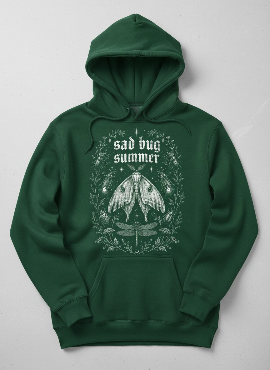 Sad Bug Summer Vintage Insects Hoodie - product mockup - Forest Green