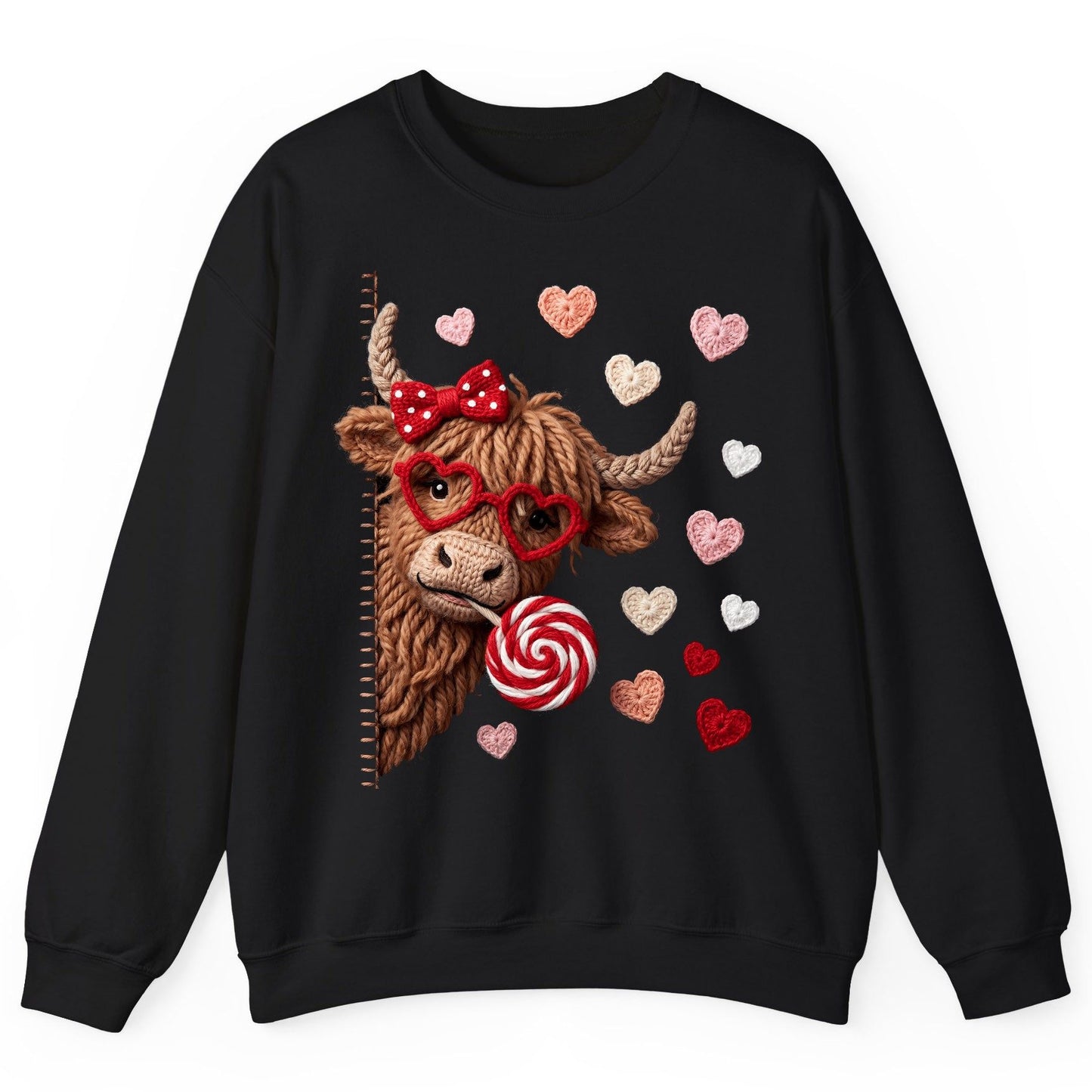 Crochet Valentine's Highland Cow highland cow Sweatshirt Black product mockup
