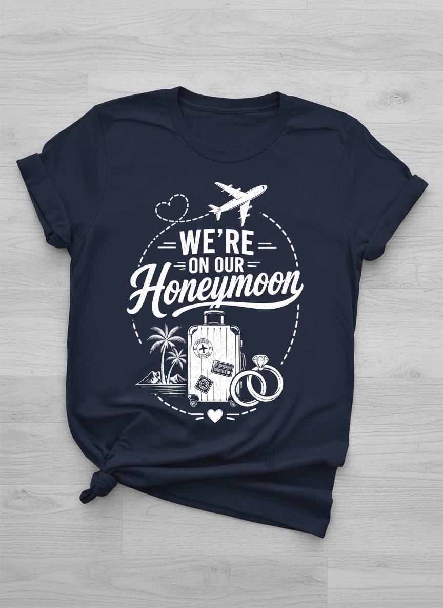 We're on Our Honeymoon Vintage Newlyweds T-Shirt - product mockup - Navy