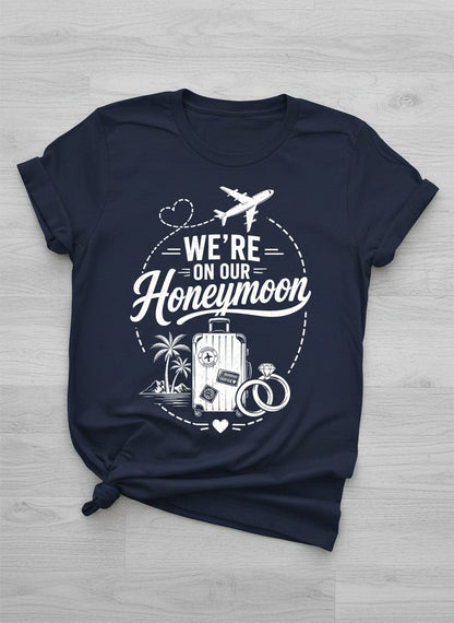 We're on Our Honeymoon Vintage Newlyweds T-Shirt - product mockup - Navy