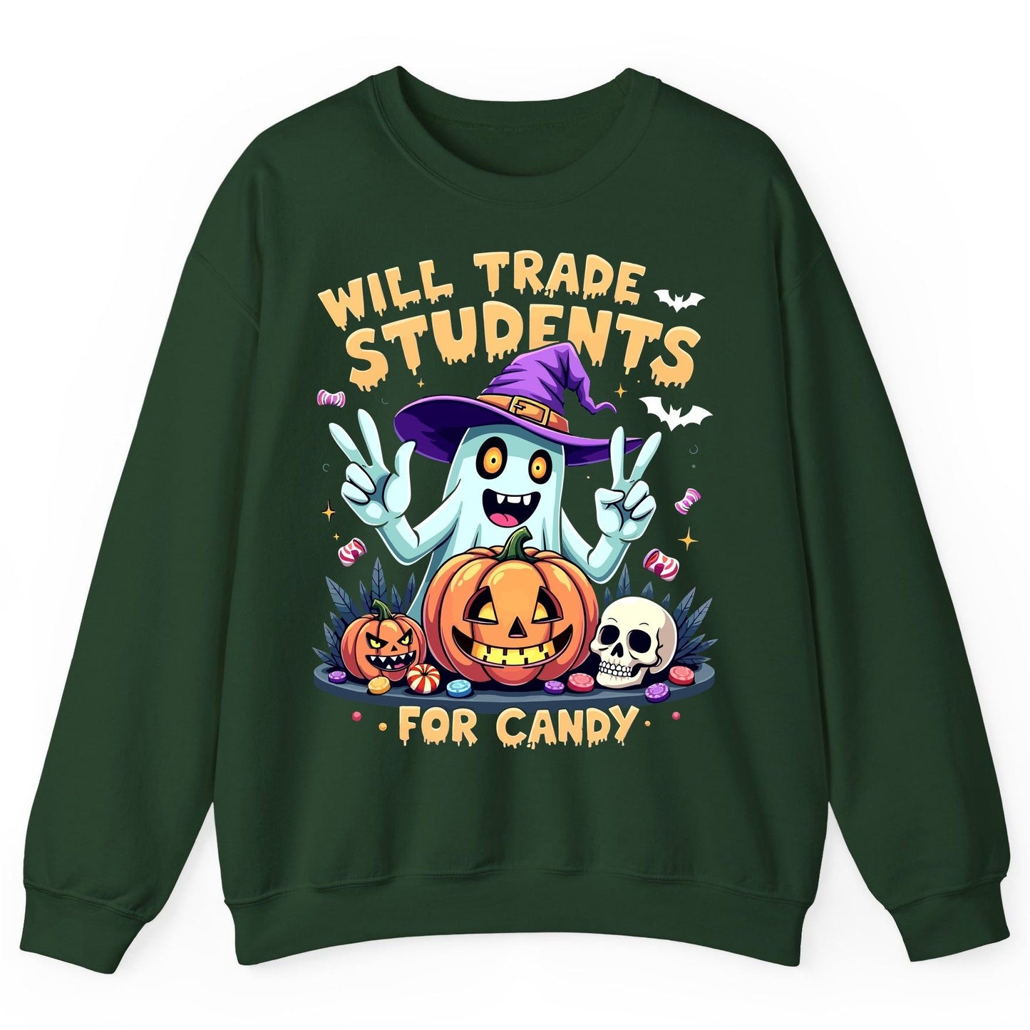 Will Trade Students for Candy teacher humor Sweatshirt Forest Green product mockup