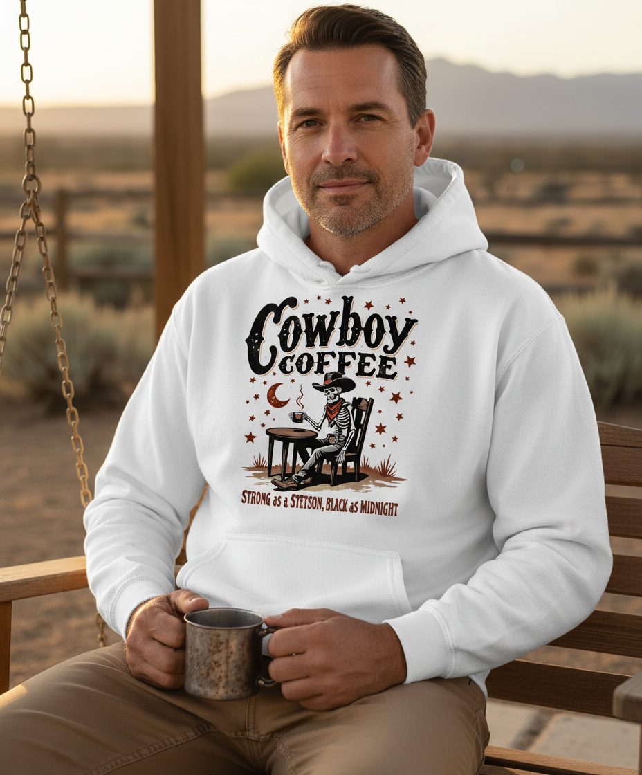 Cowboy Coffee Strong as a Stetson, Black as Midnight cowboy skeleton Hoodie White lifestyle mockup