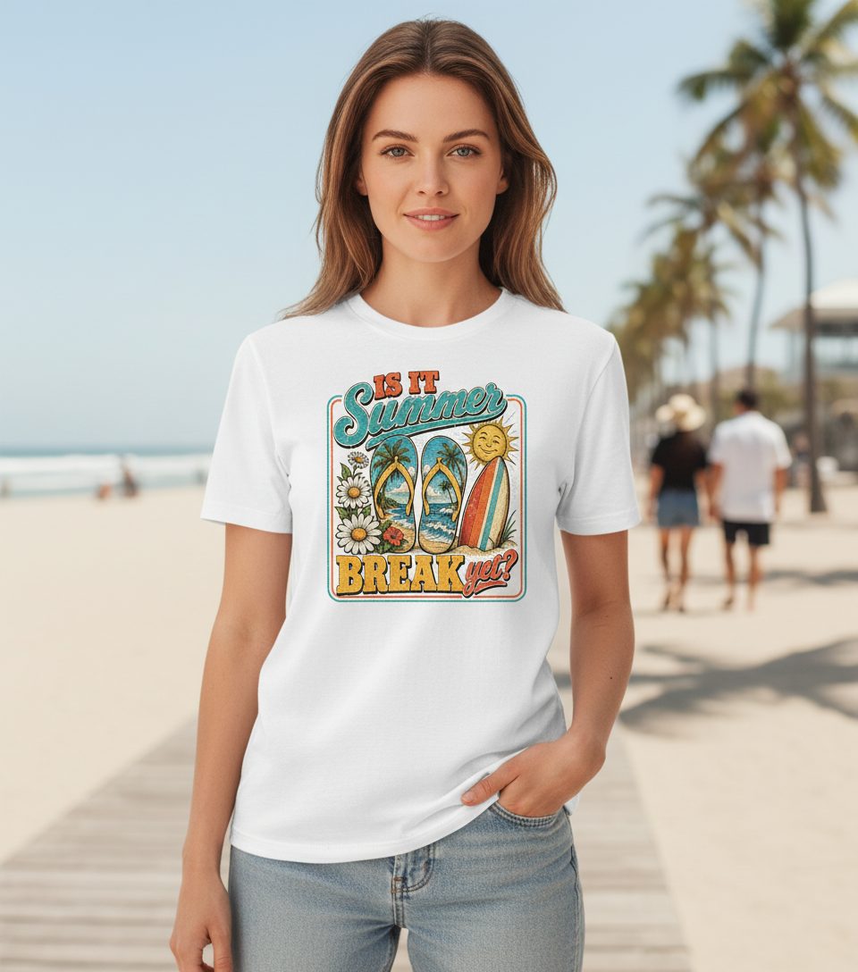 Is It Summer Break Yet Retro Vacation T-Shirt - lifestyle model mockup - White