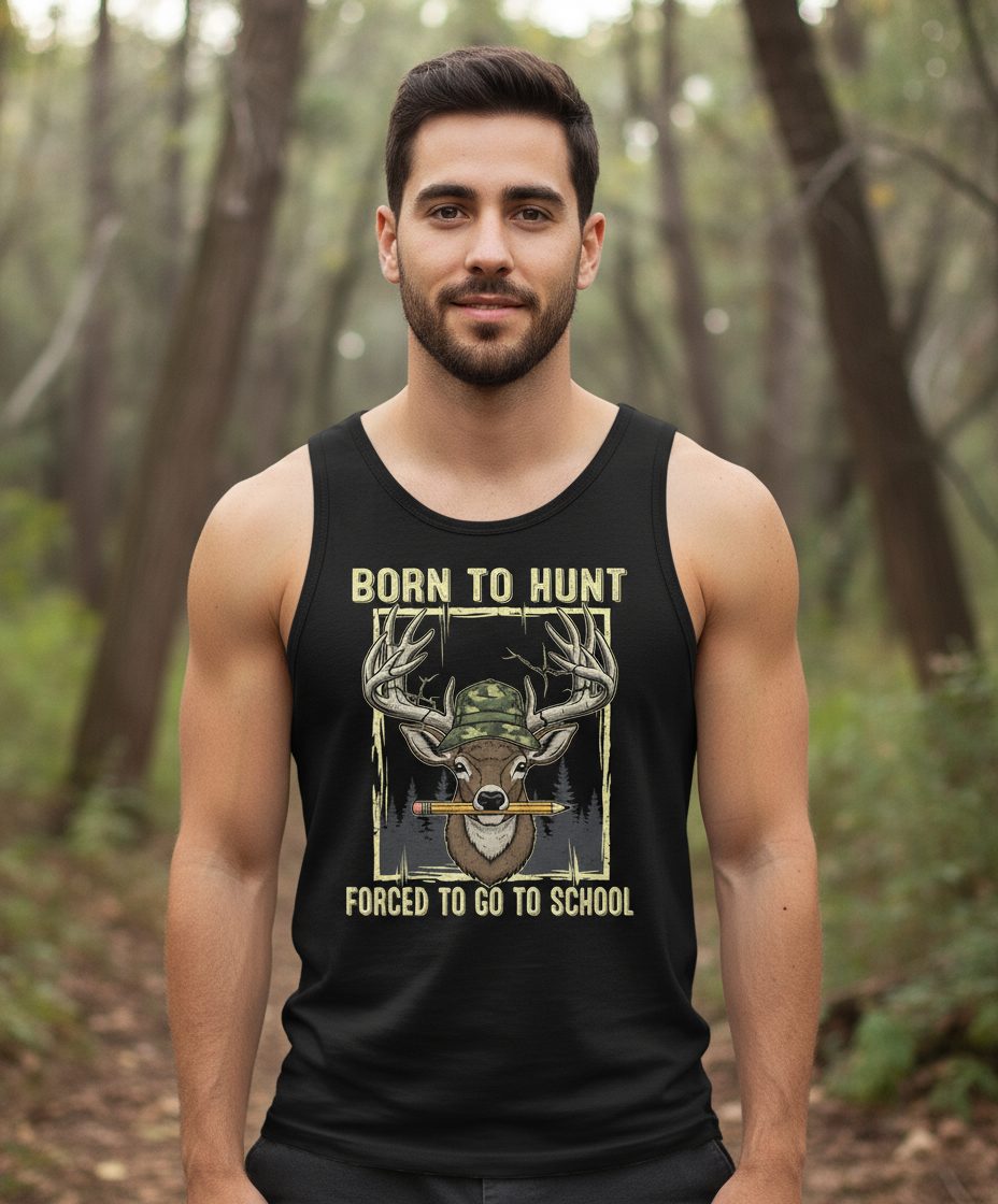 Born to Hunt Forced to Go to School hunting Tank Top Black lifestyle mockup