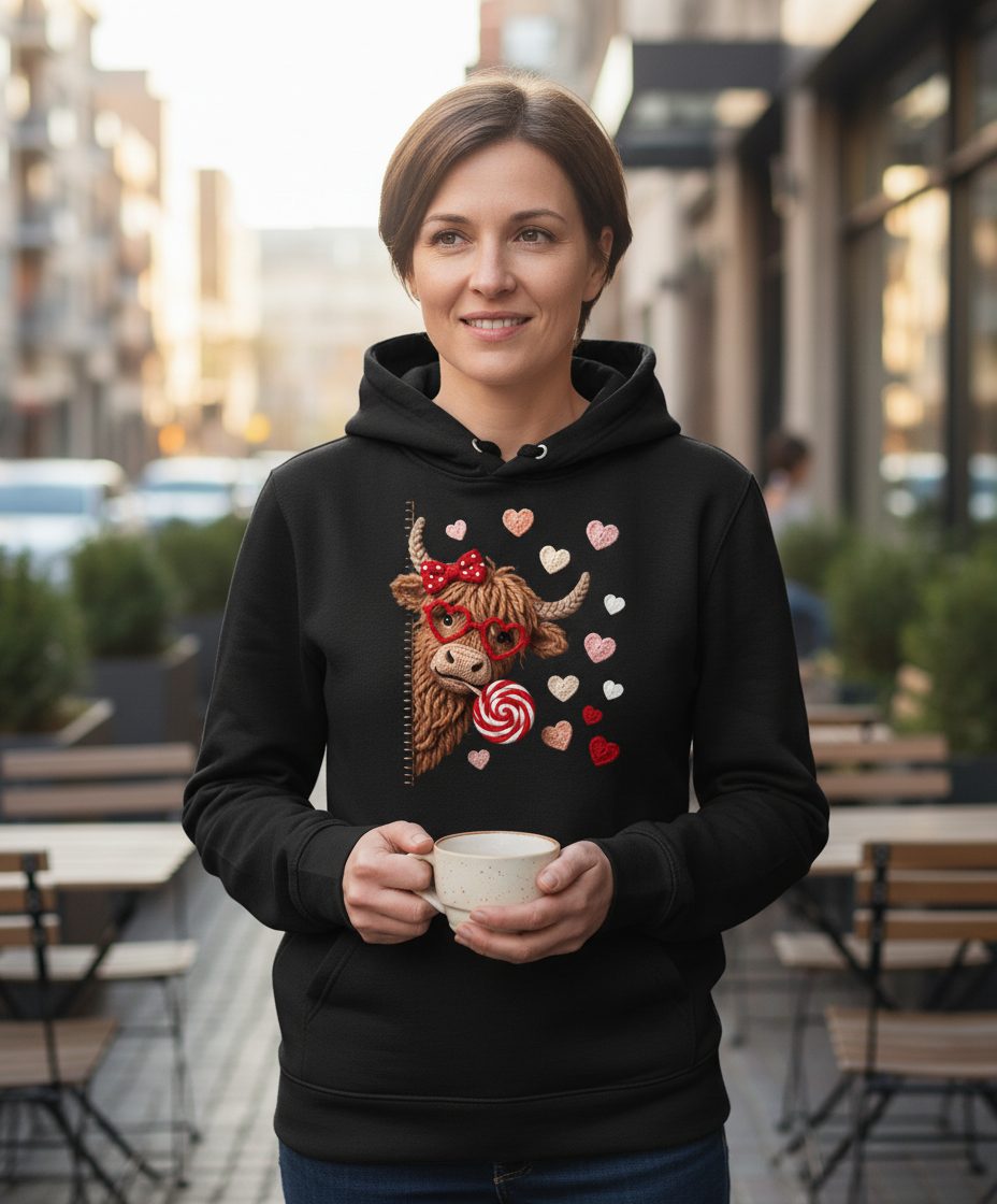 Crochet Valentine's Highland Cow highland cow Hoodie Black lifestyle mockup