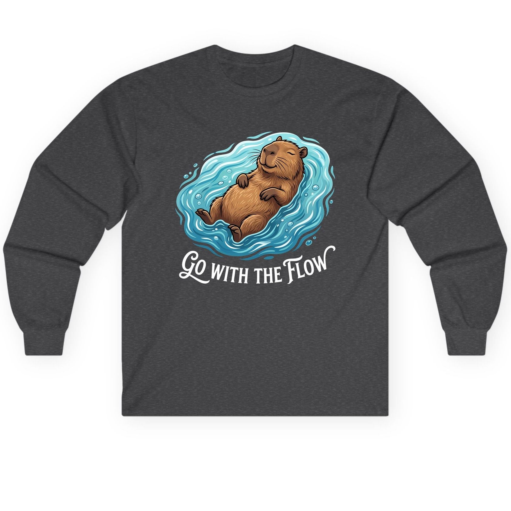 Go WITH THE Flow Funny Capybara Long Sleeve Tee - product mockup - Dark Heather